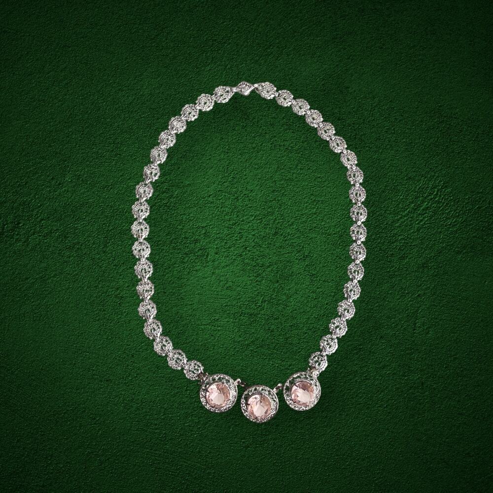 Antique Art Deco Sterling Silver Pink Crystal Filigree Statement Necklace 15.5”